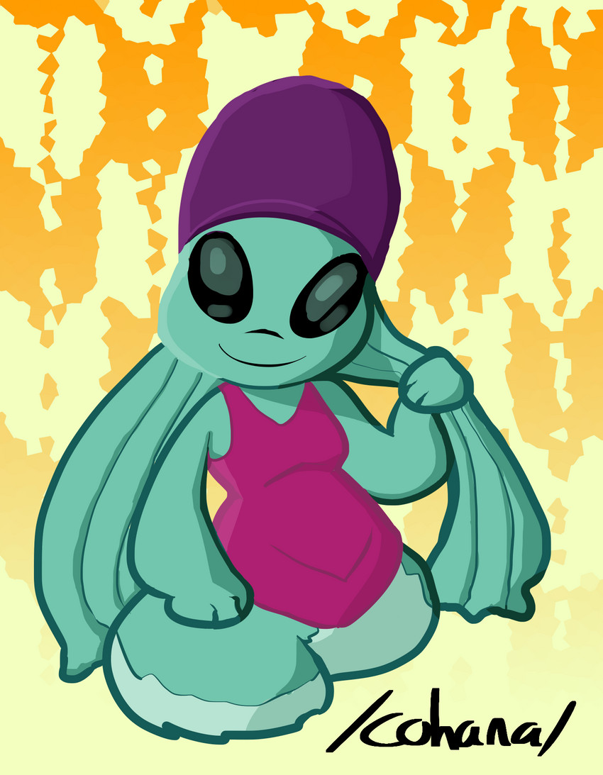 alternate_form black_eyes clothing female holding_tentacle looking_at_viewer one-piece_swimsuit simple_background smile smiling_at_viewer solo standing swimming_cap swimwear teal_body tentacles text yellow_background kajabuubuu disney lilo_and_stitch yin_(lilo_and_stitch) alien cephalopod experiment_(lilo_and_stitch) marine mollusk 2020 digital_drawing_(artwork) digital_media_(artwork) hi_res