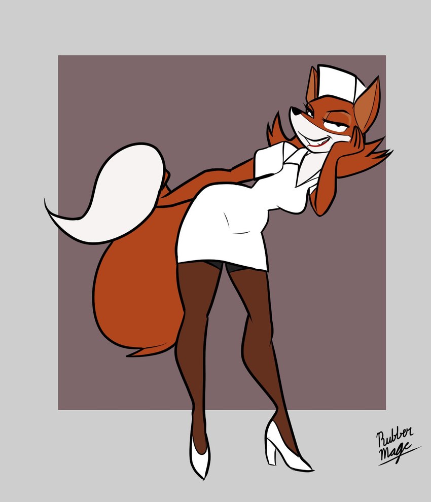 anthro bent_over border brown_body brown_fur clothing curvy_figure dipstick_tail female fluffy fluffy_tail footwear fur half-closed_eyes high_heels legwear lipstick looking_at_viewer makeup markings multicolored_body multicolored_fur narrowed_eyes nurse nurse_clothing nurse_uniform pantyhose shoes small_waist smile smirk solo tail tail_markings two_tone_body two_tone_fur uniform white_body white_border white_fur wide_hips rubbermage johnny_bravo_(series) nurse_fox canid canine fox mammal hi_res