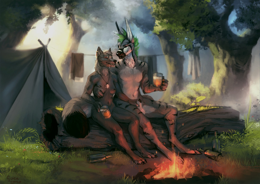 alcohol anthro beer beverage breasts camping camping_tent casual_nudity duo ear_piercing ear_ring female fondling forest hand_on_breast hand_on_sheath male male/female nature nude piercing plant ring_piercing tent tree gureeookami n527 aardwolf canid canine canis hyena mammal striped_hyena wolf