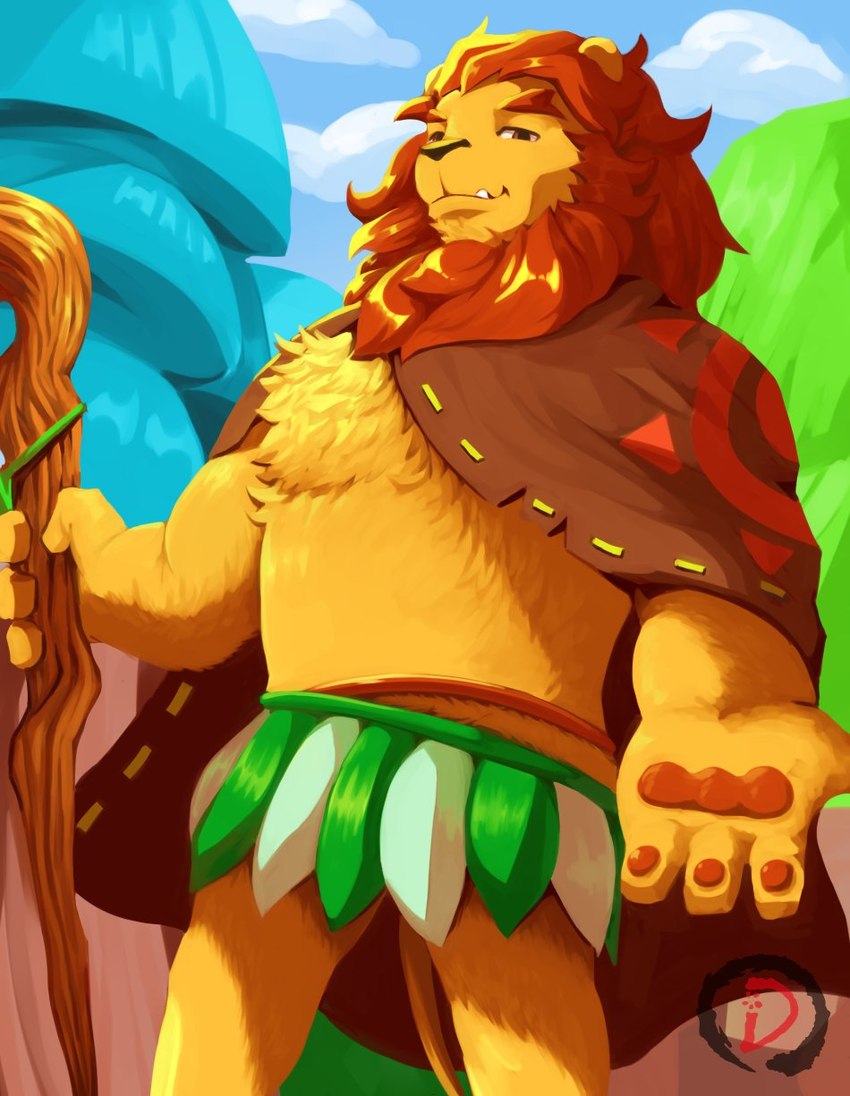 anthro beard cane cape chest_fur clothing facial_hair fur hand_out holding_cane looking_at_viewer male solo yellow_body yellow_fur dingding_(artist) maplestory lyon_(maplestory) felid lion mammal pantherine hi_res