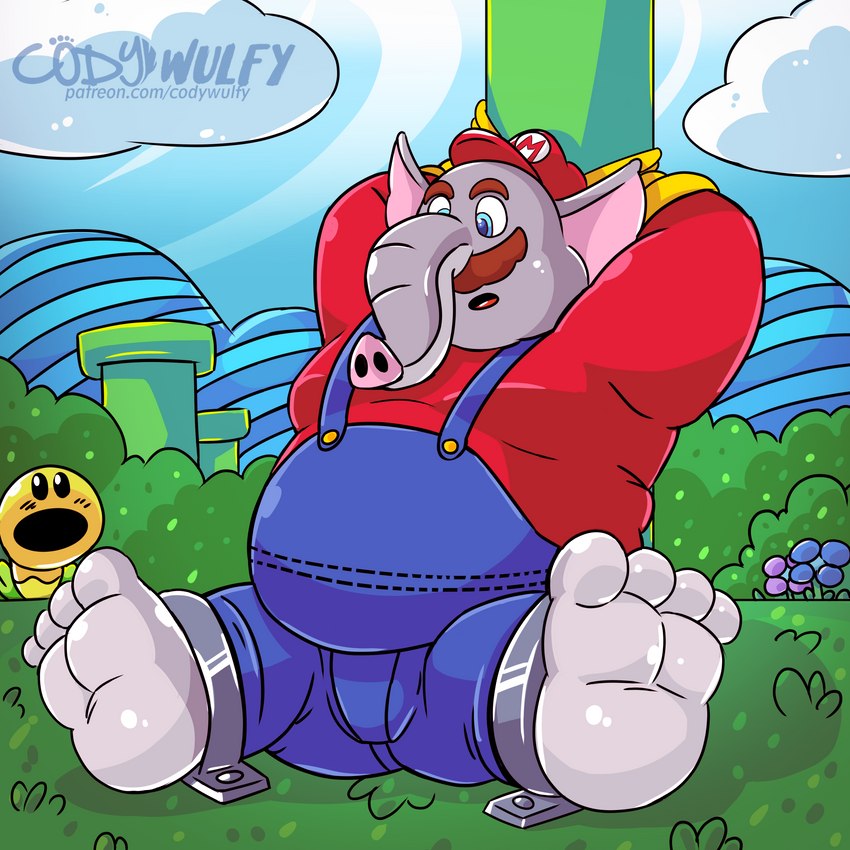 4_toes anthro arms_tied barefoot bdsm bondage bound facial_hair feet feet_tied glistening glistening_feet helpless male mustache overweight overweight_male plantigrade slightly_chubby slightly_chubby_male solo toes trunk codywulfy_(artist) mario_bros nintendo super_mario_bros_wonder elephant_mario mario elephant elephantid mammal proboscidean talking_flower_(super_mario_bros_wonder) 1:1 absurd_res hi_res