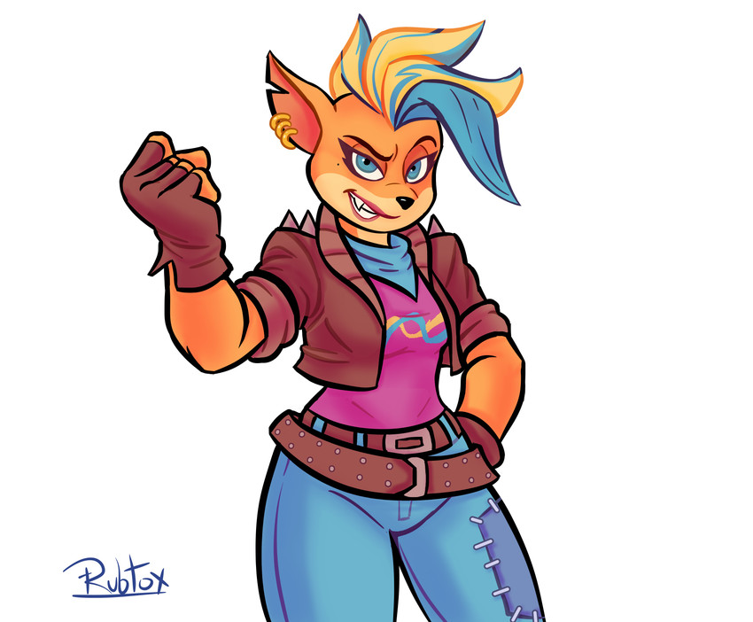 5_fingers anthro belt blue_eyes breasts clothing ear_piercing ear_ring female fingerless_gloves fingers gloves hair handwear multicolored_hair piercing ring_piercing simple_background smile solo rubtox activision crash_bandicoot_(series) pirate_tawna mammal marsupial 2020 absurd_res hi_res signature