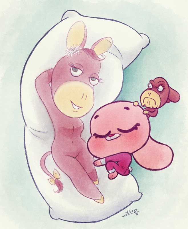 ambiguous_gender angry anthro body_pillow clothed clothing duo half-closed_eyes hug narrowed_eyes navel pajamas pillow plushie pose silly_face simple_background sleeping smile young phoenixkenny cartoon_network the_amazing_world_of_gumball anais_watterson daisy_the_donkey asinus donkey equid equine lagomorph leporid mammal rabbit 2017 absurd_res digital_media_(artwork) hi_res