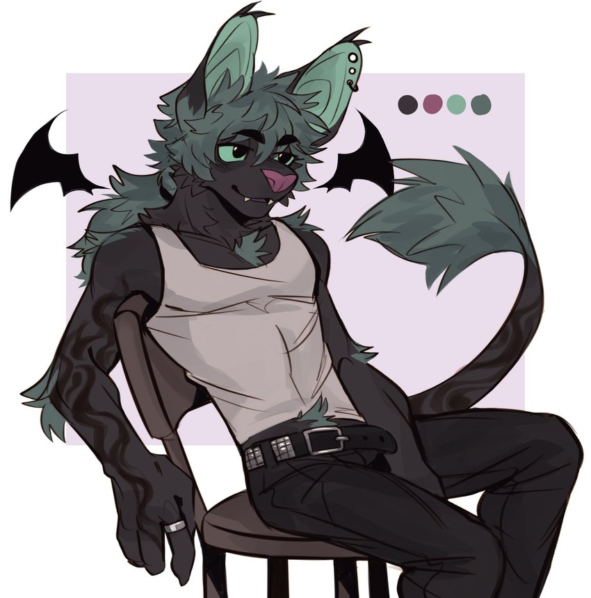 arm_tattoo bared_fangs black_body black_eyes black_fur chair clothing fur furniture green_body green_fur green_sclera male on_chair shirt sitting sitting_on_chair slim_anthro slim_male solo tank_top tattoo topwear white_clothing white_shirt white_tank_top white_topwear atkaso bat mammal 2024 hi_res