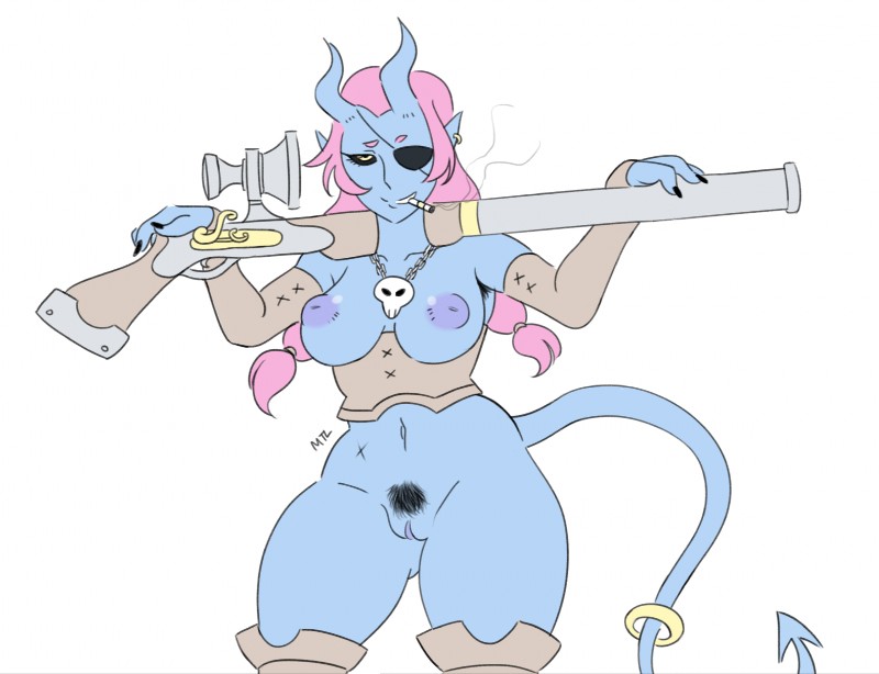 armpit_hair blue_body blue_skin body_hair breasts female hair horn monster_girl_(genre) pink_hair pubes scar simple_background smoking solo weapon white_background wide_hips metalling demon humanoid monster 2018 digital_media_(artwork) hi_res