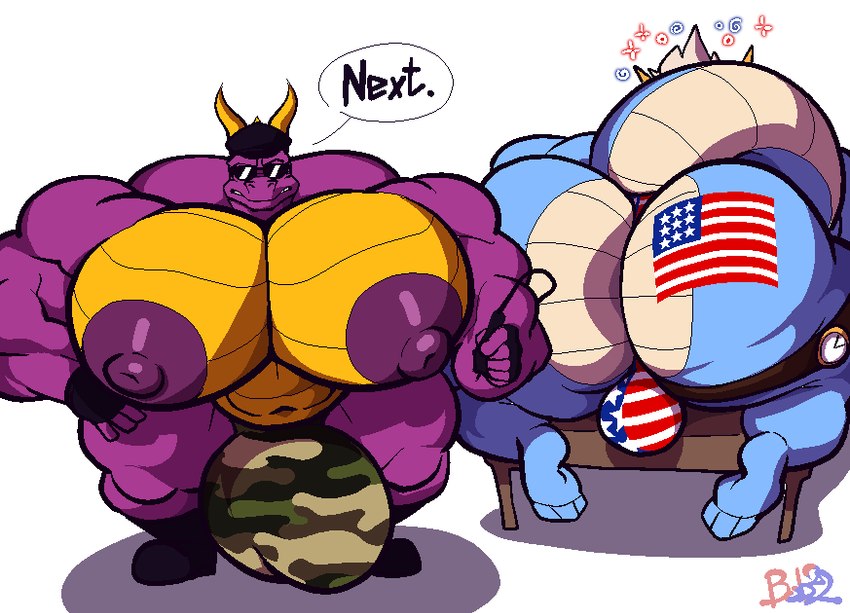 american_flag anthro big_bulge big_butt big_muscles big_nipples big_pecs biped blue_body bulge butt camo camo_print clothed clothing dialogue duo eyewear huge_bulge huge_muscles huge_pecs hyper hyper_muscles hyper_nipples hyper_pecs male male/male muscular muscular_anthro muscular_male nipples pecs purple_body purple_nipples simple_background speech_bubble sunglasses tail text topless underwear united_states_of_america white_background bobthetanuki activision mythology spyro_reignited_trilogy spyro_the_dragon lindar_(spyro) rescued_dragons_(spyro) spyro dragon mythological_creature mythological_scalie scalie 2022 digital_media_(artwork) english_text