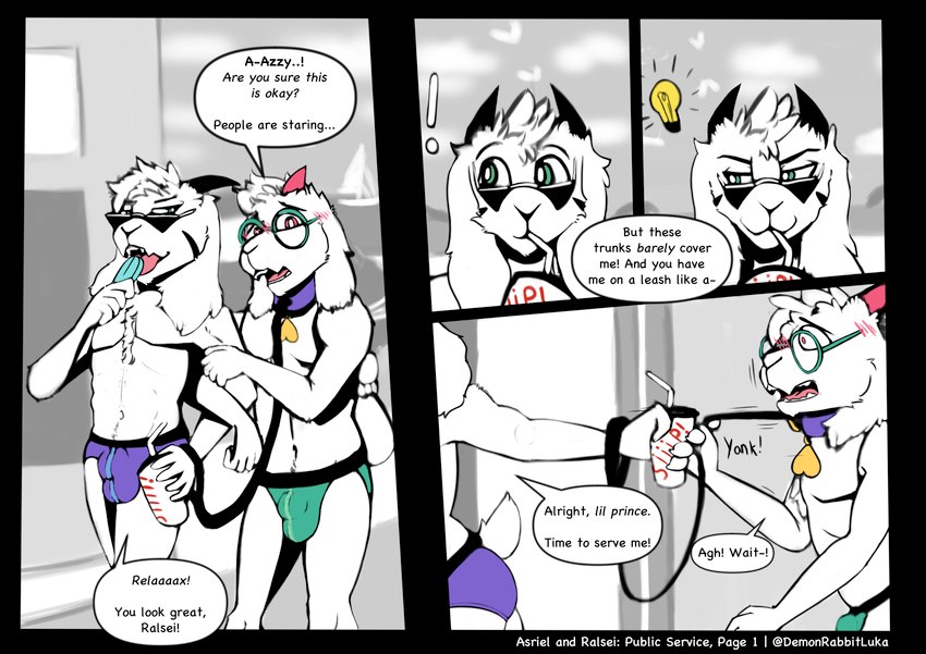 bdsm_gear beach briefs clothed clothing collar dialogue dominant dominant_male exhibitionism eyewear glasses leash male outside skimpy submissive submissive_male sunglasses swimwear underwear lukabun deltarune undertale undertale_(series) asriel_dreemurr ralsei comic hi_res