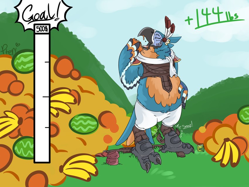 anthro banana clothing donation_drive donation_goal feathers feederism feeding food fruit juice male melon orange_(fruit) overweight plant scarf solo torn_clothing watermelon weight_gain weight_gain_drive pteri_(artist) breath_of_the_wild nintendo the_legend_of_zelda kass_(tloz) avian bird rito 4:3 absurd_res hi_res