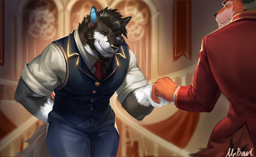 anthro ballroom banner beard black_clothing black_hair black_topwear black_vest blue_bottomwear blue_clothing blue_inner_ear blue_pants bottomwear bowing claws clothing dress_shirt duo ear_barbell ear_piercing facial_hair finger_claws fur gauged_ear gloves_(marking) green_eyes grey_body grey_fur hair hand_behind_back hand_holding inside inviting jacket male male/male markings necktie one_eye_closed orange_body orange_fur pants piercing red_clothing red_jacket red_necktie red_topwear rolled_up_sleeves shirt stairs topwear vest white_body white_clothing white_fur white_shirt white_topwear wink mr_bear_c kyoju_(kyojufolf) zuel_(ruugoole) canid canine canis fox hybrid iberian_wolf mammal wolf 2022 hi_res signature