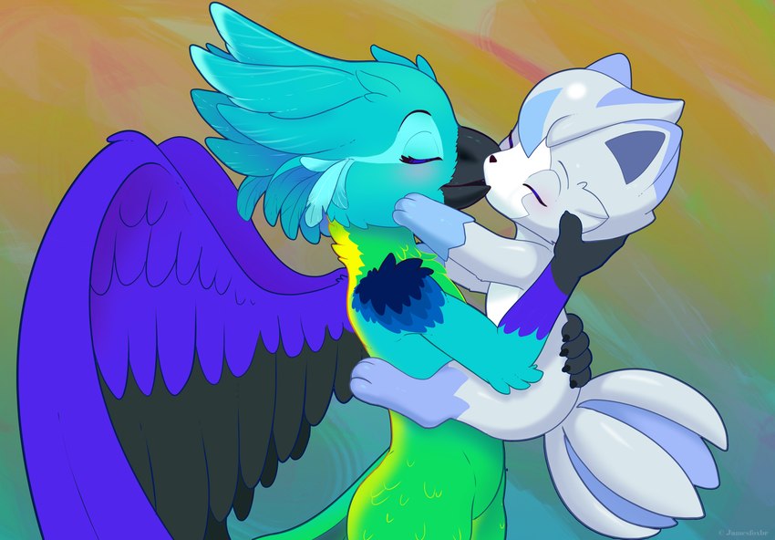 ambiguous_gender anthro back_wings beak biped black_nose blue_body carrying_another carrying_partner cheek_tuft claws duo eyebrows eyes_closed facial_tuft feathered_wings feathers feral gloves_(marking) green_body head_feathers head_tuft holding_partner kissing larger_anthro markings multi_tail multicolored_body nude purple_body side_view simple_background size_difference smaller_feral standing tail tuft white_body wings jamesfoxbr fakemon nymira_(character) avian bird lewxen 2024 hi_res