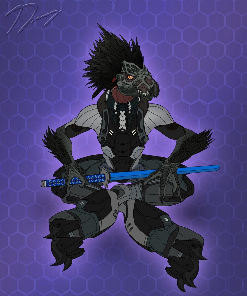 3_fingers 3_toes amber_eyes anthro arm_tuft armor beak black_body black_feathers body_armor claws clothed clothing crossed_legs digitigrade fangs feather_hair feather_tuft feathered_crest feathers feet finger_claws fingers geometric_background head_crest holding_melee_weapon holding_object holding_sword holding_weapon looking_away male melee_weapon ninjato pseudo_hair pupils scales simple_background sitting slit_pupils solo sword teeth tight_clothing toes tuft weapon yellow_sclera guyver89 halo_(series) microsoft xbox_game_studios alien avian kig-yar scalie t'vaoan colored hi_res