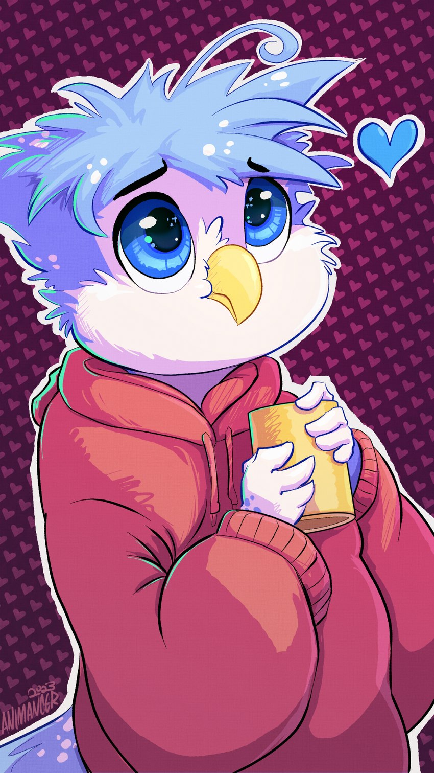 beak big_eyes blue_body blue_eyes blue_fur blue_heart clothing cocoa_(food) container cup fur heart_symbol hoodie looking_forward looking_up mug multicolored_body outline simple_background topwear two_tone_body animancer liam_(zacnate) zacnate avian bird owl hi_res