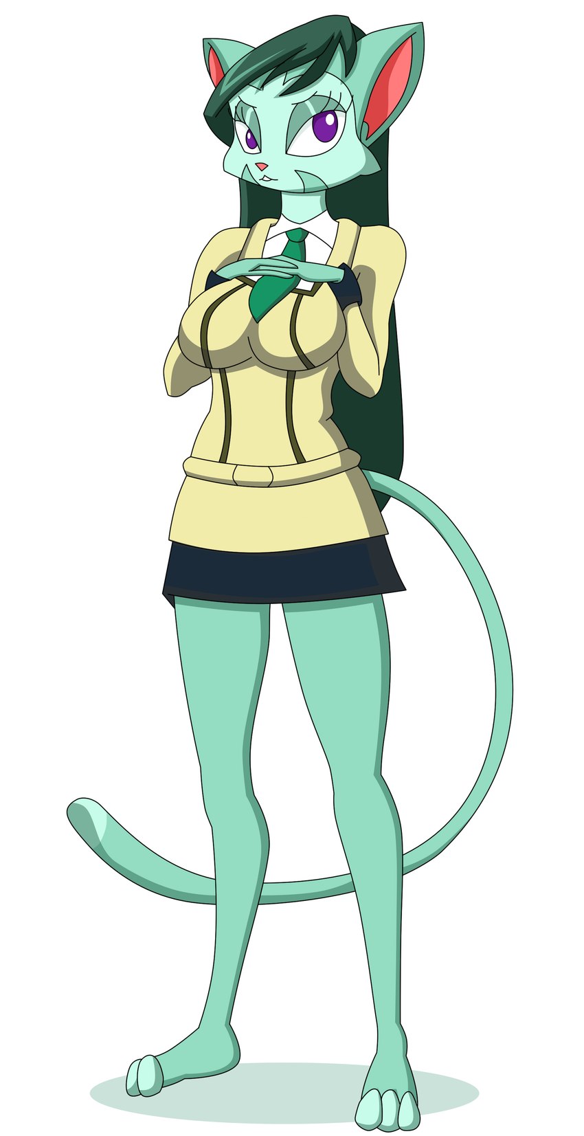 anthro bottomwear breasts clothed clothing eyelashes feet female fur green_body green_fur green_hair hair miniskirt pink_nose purple_eyes school_uniform simple_background skirt solo tail toeless_(marking) uniform white_background pervyangel dreamkeepers lilith_calah domestic_cat felid feline felis mammal absurd_res hi_res