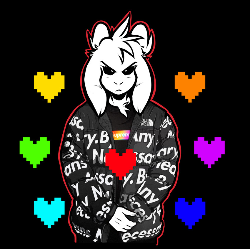 4_fingers anthro black_background black_sclera clothed clothing curved_horn fingers floppy_ears frown fully_clothed fur head_tuft heart_symbol horn humor jacket logo male multicolored_outline neck_tuft outline rainbow_outline shirt simple_background solo soul standing t-shirt text text_on_clothing text_on_jacket text_on_shirt text_on_topwear topwear tuft white_body white_fur crackers drip_(meme) goku_drip supreme the_north_face undertale undertale_(series) asriel_dreemurr_(god_form) boss_monster_(undertale) bovid caprine mammal 2021 digital_media_(artwork) english_text meme