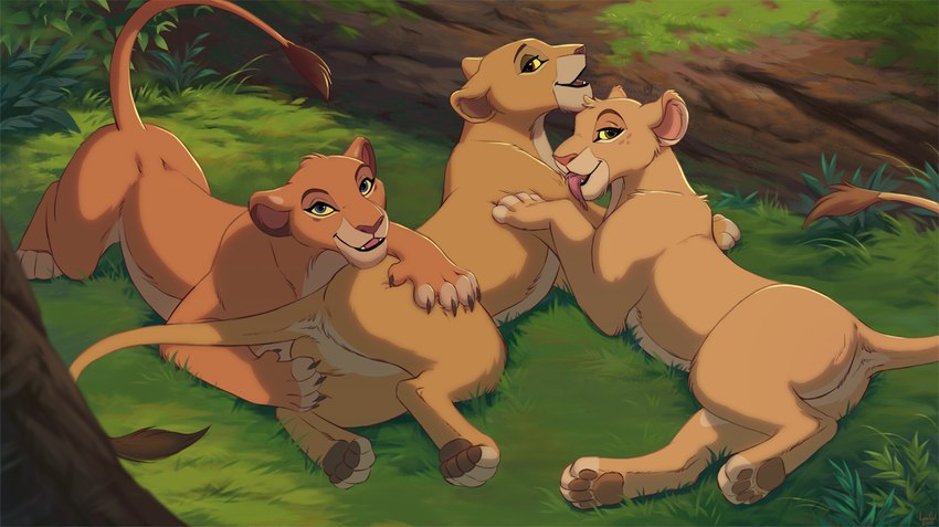 female female/female feral fur group inviting inviting_viewer licking looking_at_viewer multicolored_body multicolored_fur pawpads spread_legs spreading tan_body tan_fur tongue tongue_out trio two_tone_body two_tone_fur reallynxgirl disney the_lion_guard the_lion_king kiara_(the_lion_king) tiifu_(the_lion_guard) zuri_(the_lion_guard) felid lion mammal pantherine 2023