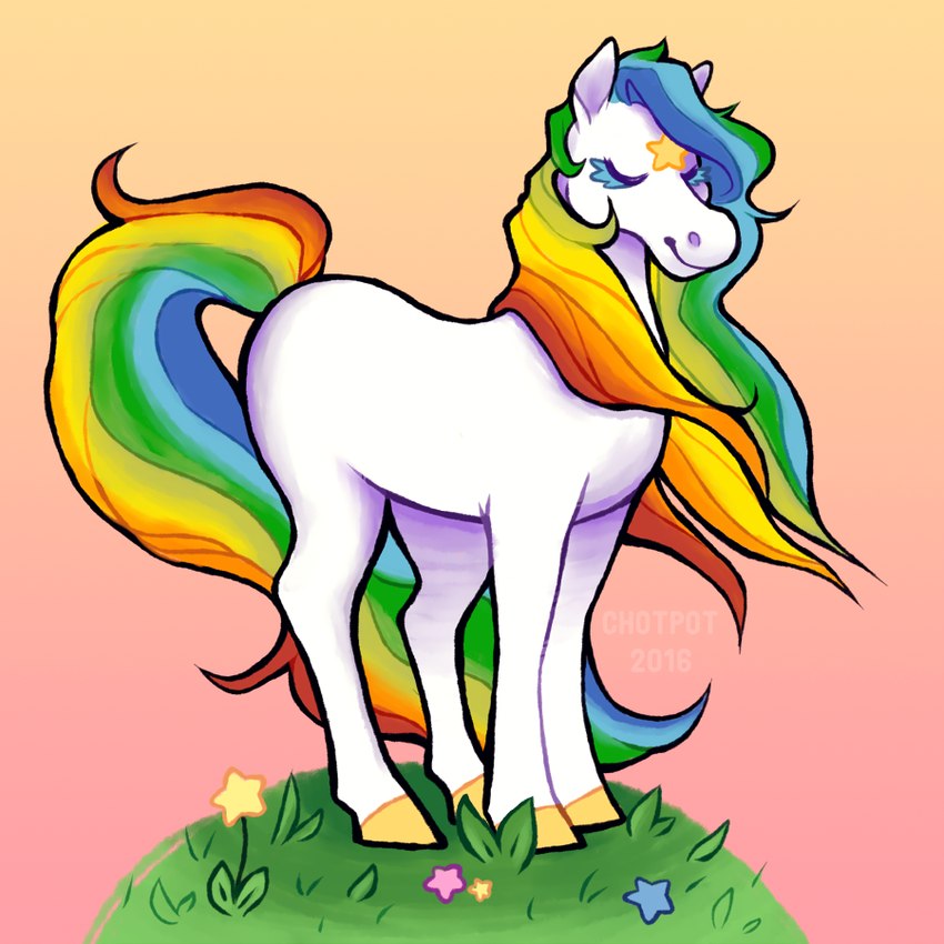 ambiguous_feral ambiguous_gender closed_smile eyes_closed feral flower flowing_mane flowing_tail fur gradient_background grass hooves long_mane long_tail mane markings mouth_closed multicolored_mane multicolored_tail plant quadruped rainbow_mane rainbow_tail simple_background smile solo standing star star_(marking) tail text unguligrade white_body white_fur yellow_hooves chotpot rainbow_brite starlite_(rainbow_brite) equid equine horse mammal 1:1 2016 artist_name colored dated digital_drawing_(artwork) digital_media_(artwork) full-length_portrait portrait shaded male_(lore)