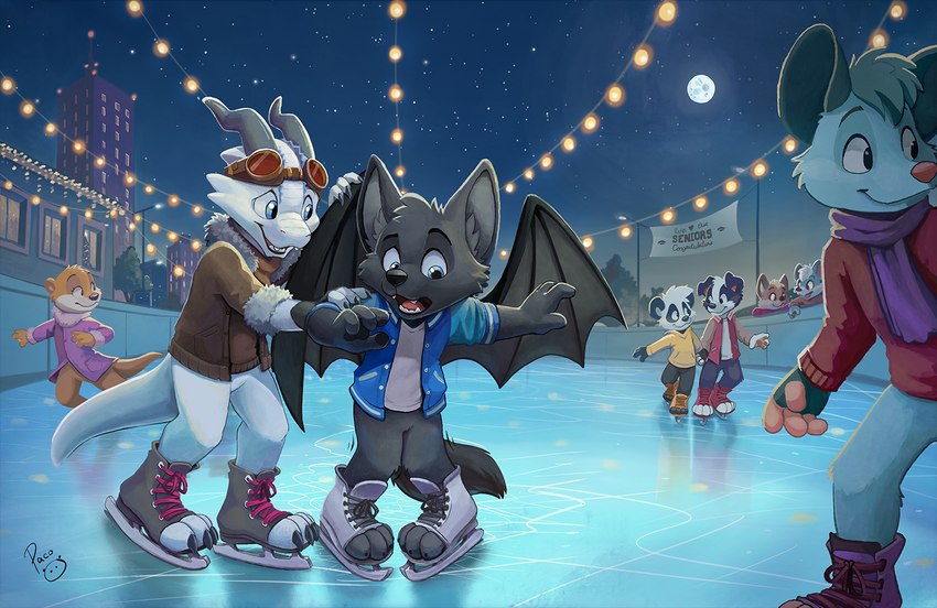 anthro biped black_body black_fur blue_eyes claws clothed clothing eyebrows fingers floppy_ears full_moon fur group horn ice ice_skates ice_skating ice_skating_rink male membrane_(anatomy) membranous_wings moon open_mouth open_smile scarf smile tail text wings young young_anthro young_male pandapaco borofi_(borofi) foxxon_(thefoxxon) parinton american_opossum bear canid canine canis domestic_dog giant_panda kobold mammal marsupial mustelid otter scalie english_text