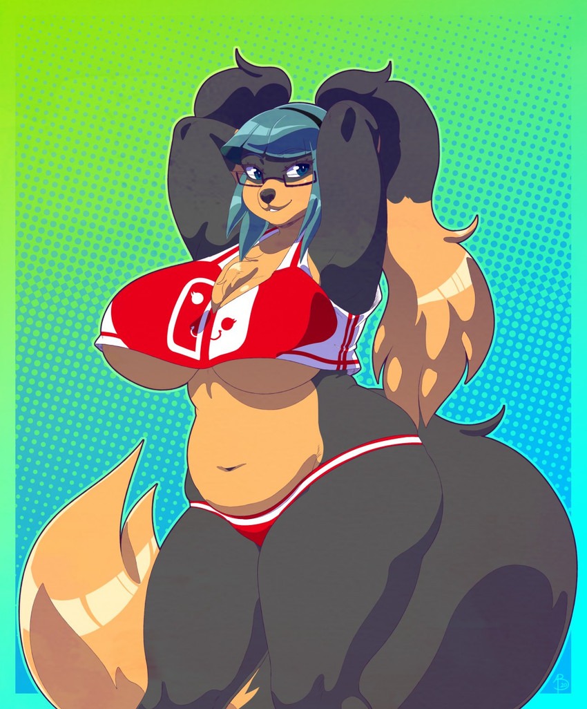 accessory anthro big_breasts breasts clothing eyewear female glasses green_hair hair hair_accessory hairband huge_breasts looking_aside navel pattern_background simple_background slightly_chubby smile solo switch_logo under_boob amara_burrger nintendo nintendo_switch zoey_(jwinkz) canid canine canis domestic_dog mammal 2020 hi_res