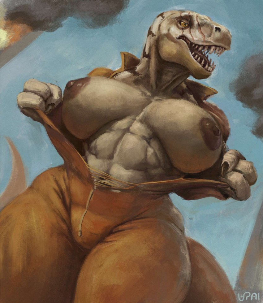 3_fingers abs anthro areola big_breasts breasts claws clothing female fingers jumpsuit muscular muscular_female navel nipples non-mammal_breasts non-mammal_navel non-mammal_nipples scar solo teeth zipper upai ivory_(writerven) dinosaur prehistoric_species reptile scalie hi_res