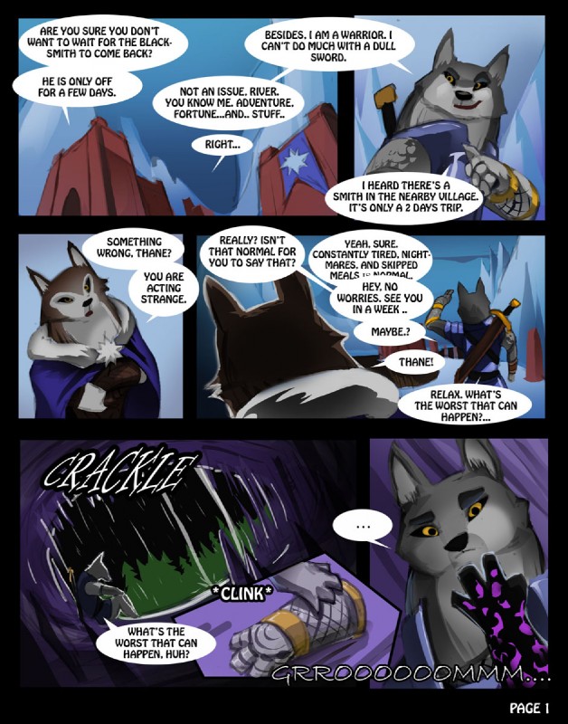 amber_eyes anthro armor building cave clothed clothing female male melee_weapon mountain raining sword text weapon purpleground02 armello league_of_geeks river_(armello) thane_(armello) canid canine canis mammal wolf 2015 comic digital_media_(artwork) english_text