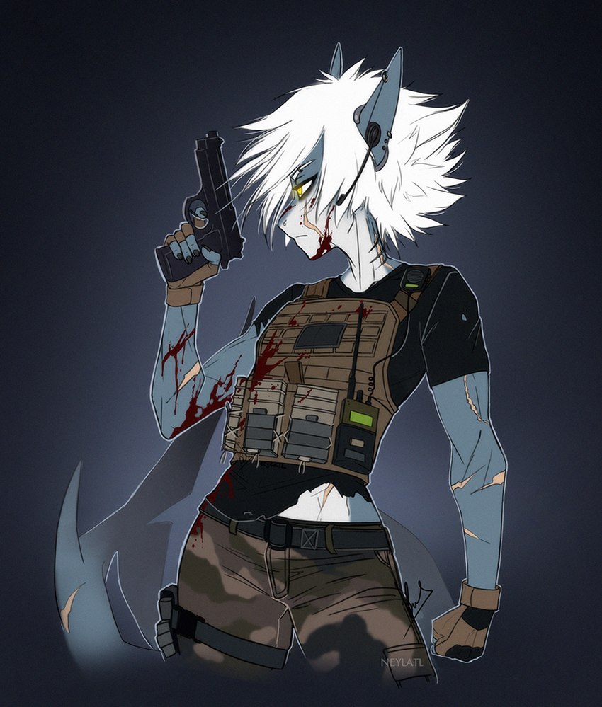 anthro beretta_92 blood bodily_fluids eyebrows eyelashes gun hair holding_gun holding_object holding_ranged_weapon holding_weapon male ranged_weapon scar solo weapon white_hair yellow_eyes neylatl cyana_(code-blocker) fish marine shark 2020 digital_media_(artwork)