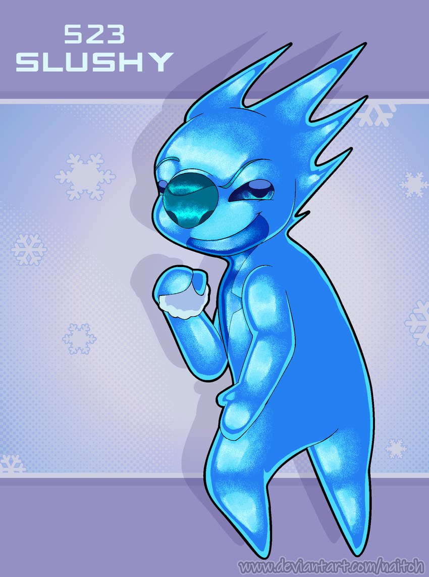 ambiguous_gender anthro biped blue_eyes blue_nose blue_pupils eyebrows holding_object holding_snowball looking_at_viewer looking_back looking_back_at_viewer mitten_hands outline pupils raised_eyebrow smile smirk snow snowball snowflake solo text naitoh disney lilo_and_stitch slushy_(lilo_and_stitch) alien experiment_(lilo_and_stitch) 2023 character_name digital_drawing_(artwork) digital_media_(artwork) english_text hi_res url male_(lore)