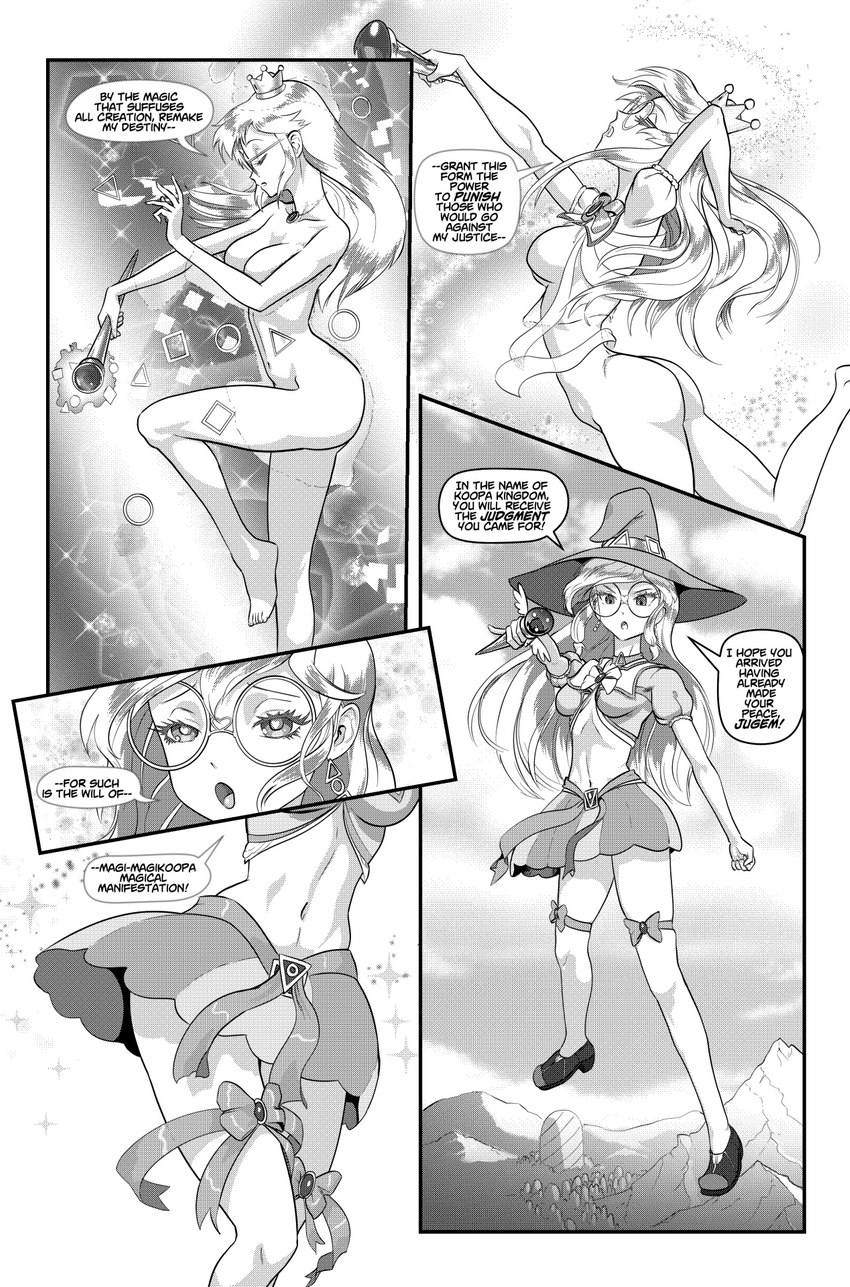 barefoot bottomwear breasts butt clothing crown dialogue ear_piercing eyewear feet female flying footwear glasses hair hat headgear headwear heart_eyes heart_symbol long_hair magic magical_girl_outfit magical_girl_transformation midriff mountain nude piercing ribbons shoes simple_background skirt solo speech_bubble super_crown text transformation wand pencils_(artist) bowsette_meme mario_bros nintendo kamek human koopa magikoopa mammal scalie comic english_text hi_res meme monochrome