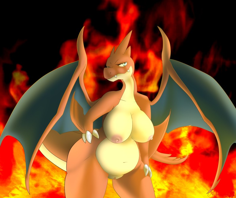 anthro anthrofied areola big_breasts breasts claws female fire front_view genitals looking_at_viewer membrane_(anatomy) membranous_wings navel nipples non-mammal_breasts nude pokemorph pose pussy slightly_chubby solo tail wings redimplight mythology nintendo pokemon dragon generation_6_pokemon mega_charizard mega_charizard_y mega_evolution mythological_creature mythological_scalie pokemon_(species) scalie 2014 digital_media_(artwork) hi_res