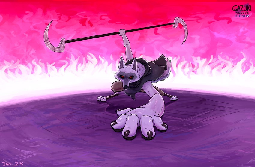 anthro battle fight fighting_pose fur grey_body grey_fur holding_object holding_weapon looking_at_viewer male melee_weapon polearm pose scythe sickle simple_background solo weapon gazuki dreamworks puss_in_boots_(franchise) death_(puss_in_boots) canid canine canis mammal wolf digital_media_(artwork) hi_res pink_theme