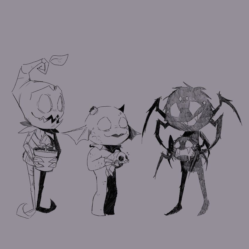 ambiguous_gender anthro black_body black_fur broken_horn female frill_(anatomy) fur group horn male neck_frill plant plantigrade trio white_eyes wormwood don't_starve klei_entertainment webber wurt arachnid arthropod elemental_creature elemental_humanoid flora_fauna humanoid merm plant_humanoid spider 1:1 hi_res monochrome