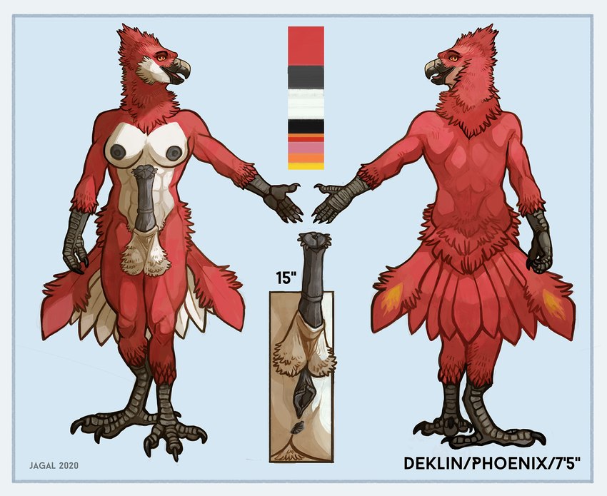 anthro anus avian_feet balls beak black_anus black_beak black_nipples black_penis black_pussy border breasts erection feathers feet genitals herm intersex magic magic_user muscular muscular_herm muscular_intersex nipples non-mammal_balls non-mammal_breasts non-mammal_nipples penis pussy smile solo tail tail_feathers talons text toes white_balls white_border jagal european_mythology greek_mythology mythology deklin_kirinova avian mythological_avian mythological_bird mythological_creature mythological_firebird phoenix english_text hi_res model_sheet shaded soft_shading