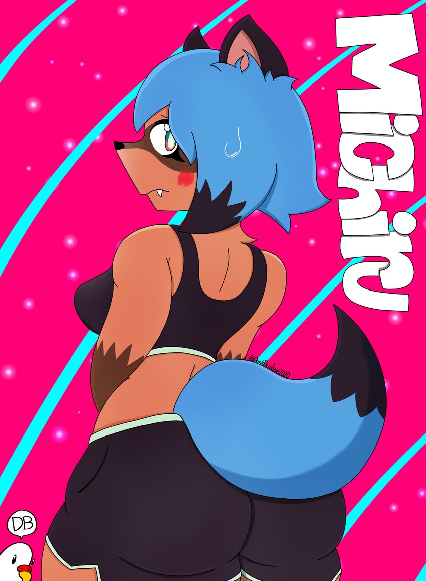 anthro athletic_wear big_butt blue_hair blush bodily_fluids bottomwear bra breasts brown_body brown_fur butt clothing dipstick_tail fangs female fur gloves_(marking) gym_bottomwear gym_shorts gym_topwear hair looking_at_viewer looking_back looking_back_at_viewer markings medium_breasts multicolored_body multicolored_eyes multicolored_fur orange_body orange_fur pink_background shorts simple_background solo sports_bra sweat sweatdrop tail tail_markings teeth text topwear two_tone_body two_tone_fur underwear dankbudgie brand_new_animal studio_trigger michiru_kagemori canid canine mammal procyonid raccoon raccoon_dog tanuki 2023 absurd_res character_name digital_drawing_(artwork) digital_media_(artwork) hi_res shaded signature