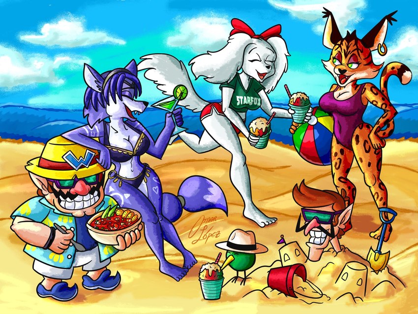 beach beverage bikini breasts cleavage clothed clothing cloud day dessert ear_piercing ear_ring female food group humanoid_pointy_ears ice_cream male open_mouth open_smile piercing pointy_ears ring_piercing sand seaside smile swimwear two-piece_swimsuit water omar2203 mario_bros nintendo star_fox fay_(star_fox) krystal_(star_fox) miyu_(star_fox) waluigi wario avian bird_dog canid canine canis domestic_dog felid feline fox humanoid hunting_dog lynx mammal spaniel 4:3 crossover hi_res signature