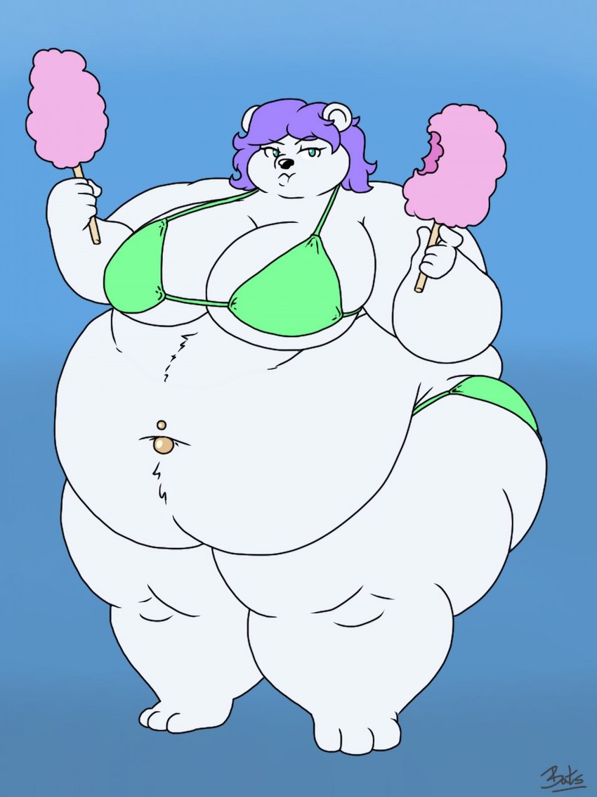 3_toes 5_fingers anthro back_rolls barefoot belly belly_rolls belly_tuft big_belly big_breasts big_cheeks bikini biped black_eyebrows black_nose blue_background breasts candy chubby_cheeks clothing cotton_candy dessert double_chin eyebrow_through_hair eyebrows eyelashes fat_rolls feet female fingers food fur glistening glistening_eyes glistening_nose green_bikini_bottom green_bikini_top green_eyes hair holding_food holding_object huge_breasts huge_hips huge_thighs leg_rolls love_handles midriff navel navel_piercing obese obese_anthro obese_female overweight overweight_anthro overweight_female piercing purple_hair round_ears short_hair simple_background solo standing swimwear thick_thighs three-quarter_view toes translucent translucent_hair tuft two-piece_swimsuit white_body white_fur wide_hips batspid2 snow_polaroski bear mammal polar_bear ursine 2018 3:4 digital_drawing_(artwork) digital_media_(artwork) flat_colors full-length_portrait hi_res portrait signature