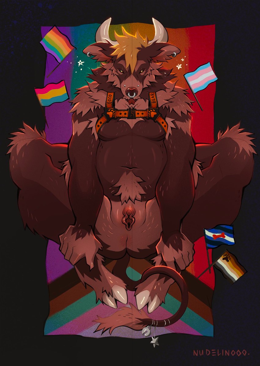 andromorph anthro anus arm_tuft bear_pride_colors bedding big_clitoris blanket blonde_hair brown_body brown_ears brown_fur brown_inner_ear brown_pubes clitoris clothed clothing ear_piercing ear_ring facial_piercing flag front_view fur furgonomics furry-specific_piercing genitals grey_horn hair hands_on_legs harness hooves horn intersex kink_pride_colors knee_tuft leg_tuft lgbt_pride mastectomy_scar muzzle_piercing navel nose_piercing nose_ring orange_harness overweight overweight_andromorph overweight_anthro overweight_intersex pansexual_pride_colors partially_clothed piercing pride_color_flag pride_colors progress_pride_colors pubes pup_pride_colors pussy rainbow_pride_colors ring_piercing scar shoulder_tuft six-stripe_rainbow_pride_colors solo spread_legs spreading subculture_pride_colors tongue tongue_out transgender_pride_colors tuft visibly_trans nudelinooo koda_(abearfromspace) bear bovid bovine cattle hybrid mammal 2023 digital_drawing_(artwork) digital_media_(artwork) full-length_portrait hi_res portrait trans_(lore) trans_man_(lore)