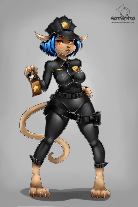 4_toes badge breasts clothing feet female police police_officer solo text tight_clothing toes hotbento domestic_cat felid feline felis mammal hi_res url