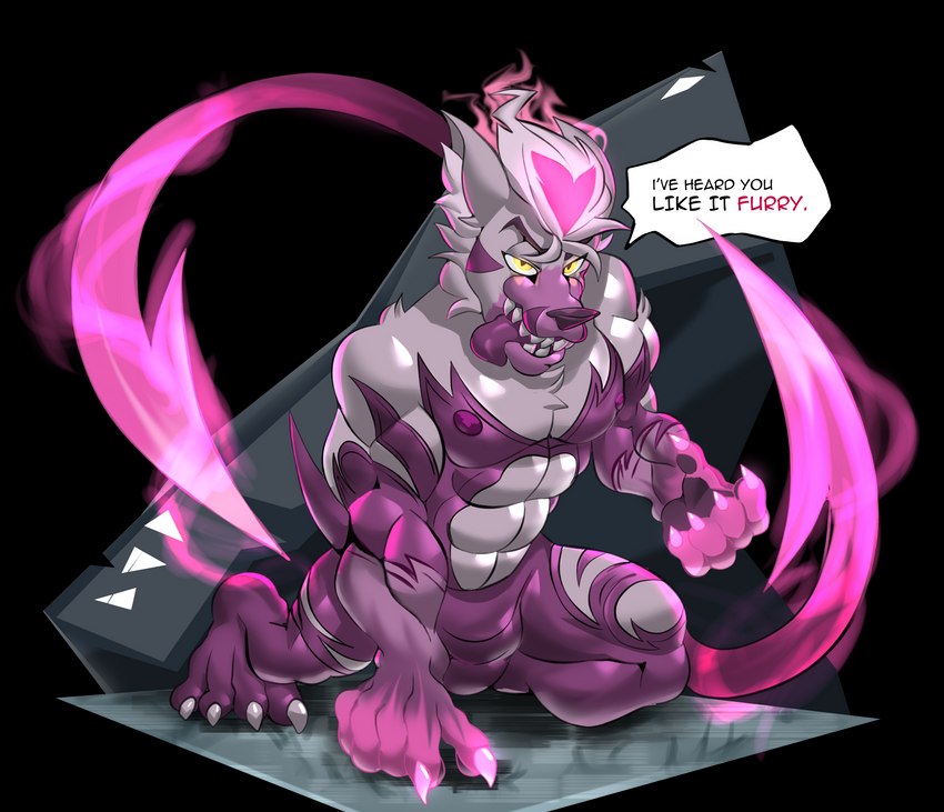 anthro bulge claws crossgender fire flaming_tail male nipples orange_eyes purple_body solo tail text tongue tongue_out anonymous_artist league_of_legends riot_games tencent evelynn_(lol) unknown_species absurd_res alpha_channel english_text hi_res