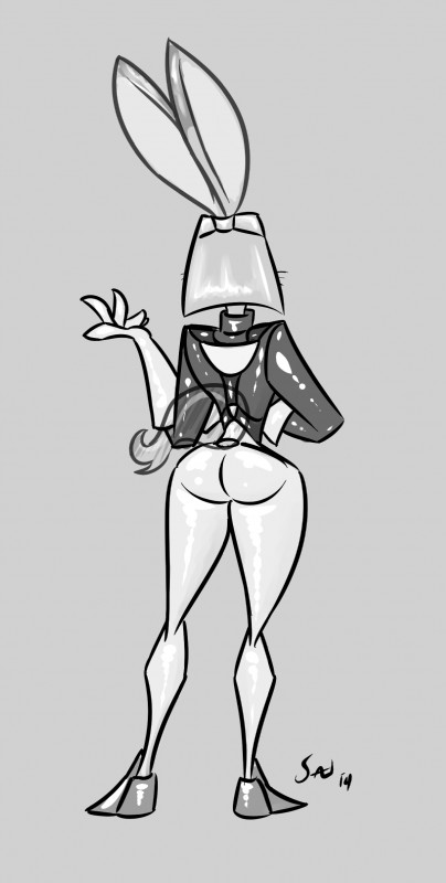 anthro butt clothed clothing female fur gloves hair handwear rear_view simple_background solo standing tight_clothing saliant sega sonic_the_hedgehog_(series) fan_character hare lagomorph leporid mammal absurd_res hi_res monochrome