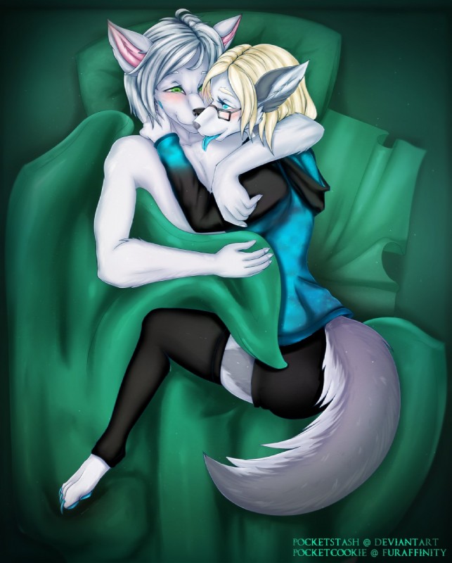 anthro bed clothed clothing duo eyewear female furniture glasses hug male male/female pillow tongue tongue_out pocketcookie canid canine mammal hi_res