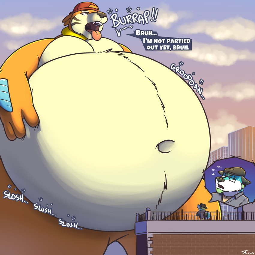 anthro belly big_belly bodily_fluids burping city duo growth huge_belly hyper hyper_belly macro male male/male micro navel sweat text tanio nintendo pokemon tanio_(character) buizel canid canine canis domestic_dog fox generation_4_pokemon husky hybrid mammal nordic_sled_dog pokemon_(species) spitz 2024 english_text hi_res