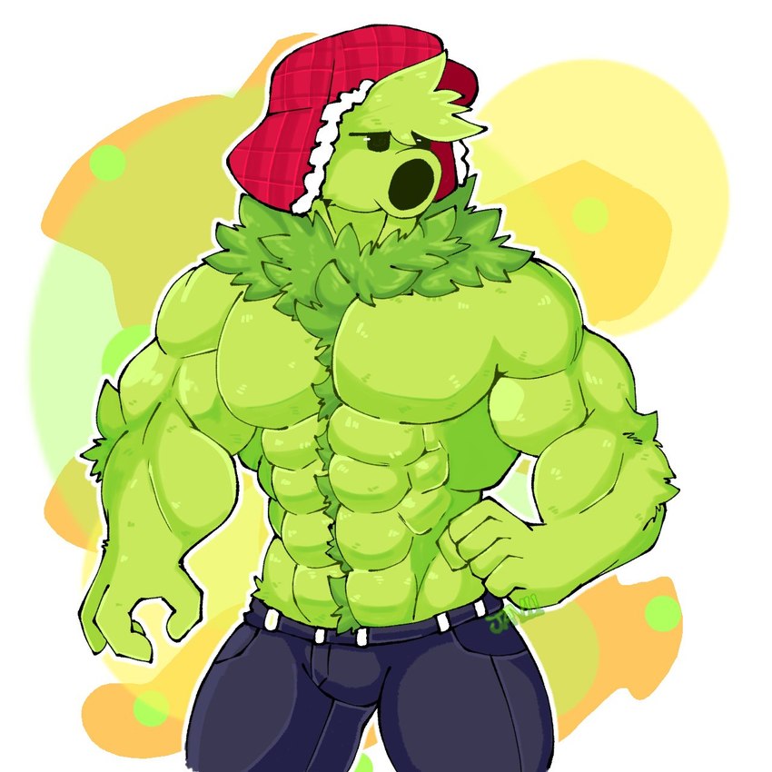 abs anthro barazoku biceps big_muscles biped black_eyes fur green_body green_fur looking_at_viewer male muscular muscular_anthro muscular_male pecs plant shirtless_anthro shirtless_male solo youngjavii electronic_arts plants_vs._zombies popcap_games elemental_creature flora_fauna peashooter_(pvz) primal_peashooter 1:1 2024 hi_res