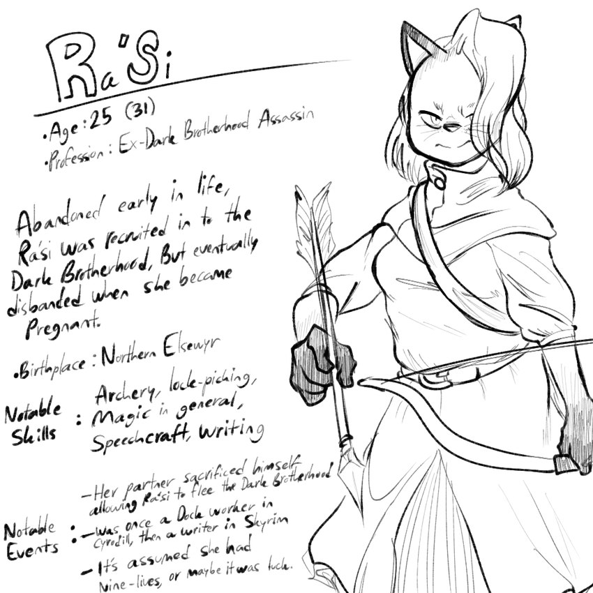 5_fingers anthro archer arm_markings arrow_(weapon) assassin asymmetrical_hair belt bottomwear bow_(weapon) breasts capelet cloak clothed clothed_female clothing countershade_torso countershading dipstick_ears ear_markings female fingers frown fur gloves_(marking) hair hair_over_eye holding_object holding_weapon information_section looking_at_viewer markings medium_breasts medium_hair mouth_closed multicolored_ears one_eye_obstructed quiver_(object) ranged_weapon scowl simple_background solo standing text topwear wavy_hair weapon whiskers white_background sinfullapis microsoft the_elder_scrolls ra'si_(sinfullapis) felid khajiit mammal 1:1 digital_media_(artwork) english_text monochrome