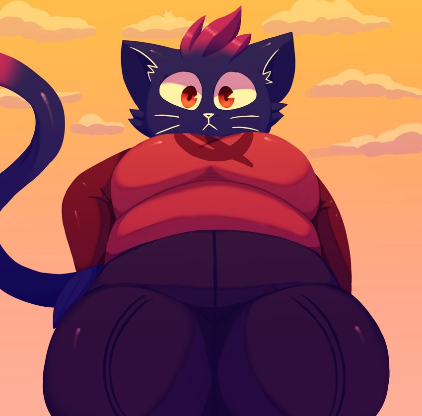 amber_eyes anthro belly big_breasts biped black_bottomwear black_clothing black_jeans black_pants blue_body blue_fur bottomwear breasts clothed clothing cloud denim denim_bottomwear denim_clothing dipstick_tail female fur hair hand_on_hip jeans looking_at_viewer looking_down low-angle_view markings outside overweight overweight_anthro overweight_female pants red_hair shirt sky solo sunset tail tail_markings thick_thighs tight_clothing topwear whiskers atsuineko night_in_the_woods mae_borowski domestic_cat felid feline felis mammal 2022 hi_res portrait three-quarter_portrait