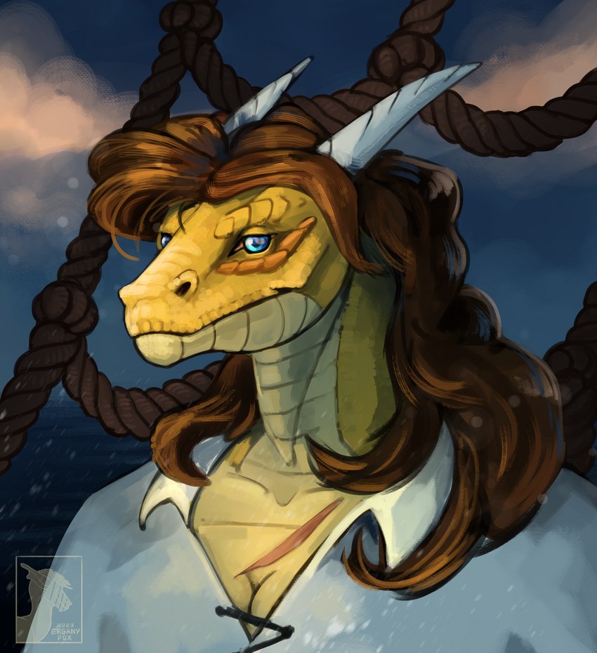 anthro blue_eyes boat brown_hair chest_scar female hair ladder rigging rope rope_ladder sailing_boat sailing_watercraft scar sea solo vehicle water watercraft erganyfox age_of_sail dungeons_and_dragons hasbro wizards_of_the_coast drahl_arush dragonborn_(dnd) scalie absurd_res hi_res portrait