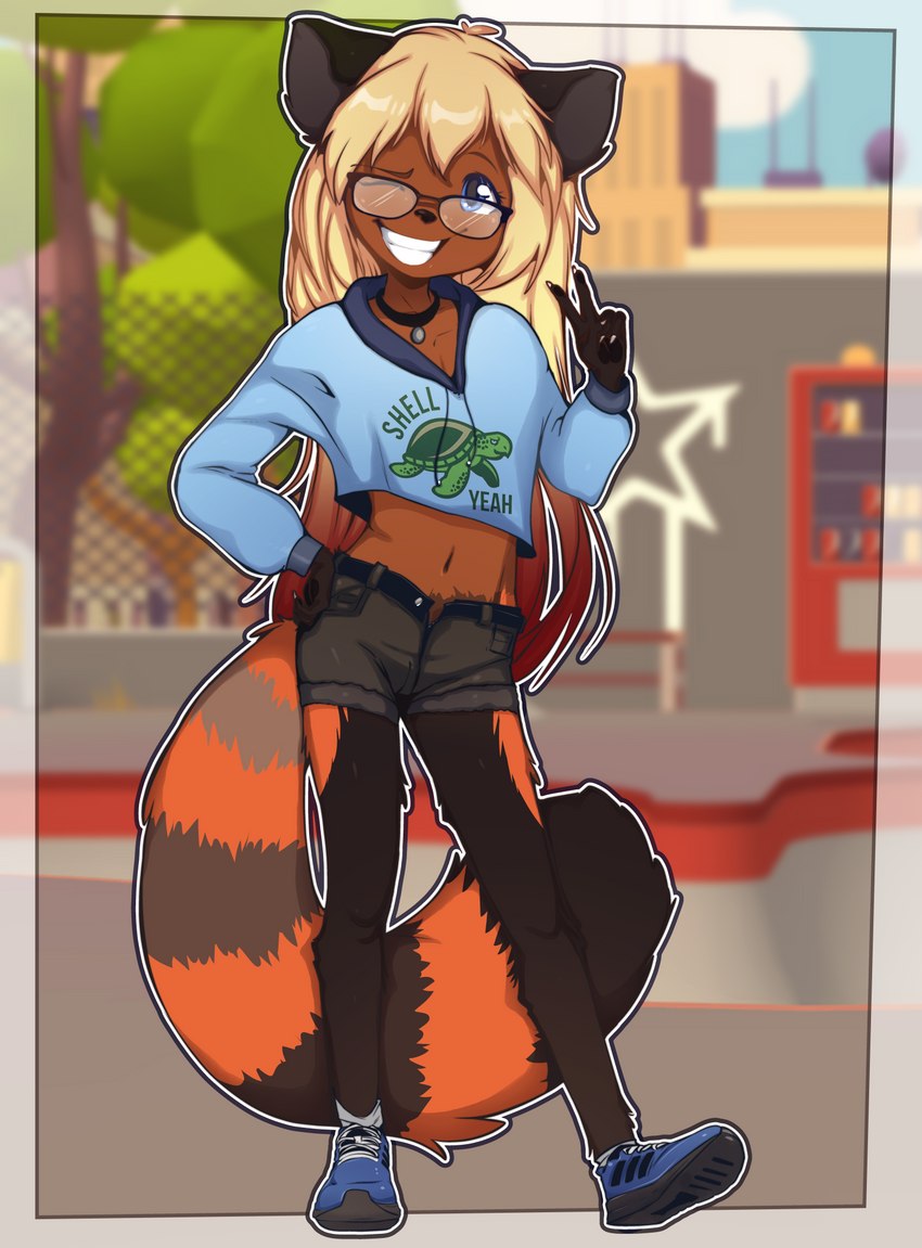 anthro black_body black_fur clothed clothing eyewear female fur glasses one_eye_closed outside red_body red_fur shirt smile solo text text_on_clothing text_on_shirt text_on_topwear topwear young young_anthro young_female sicmop ailurid mammal red_panda english_text hi_res