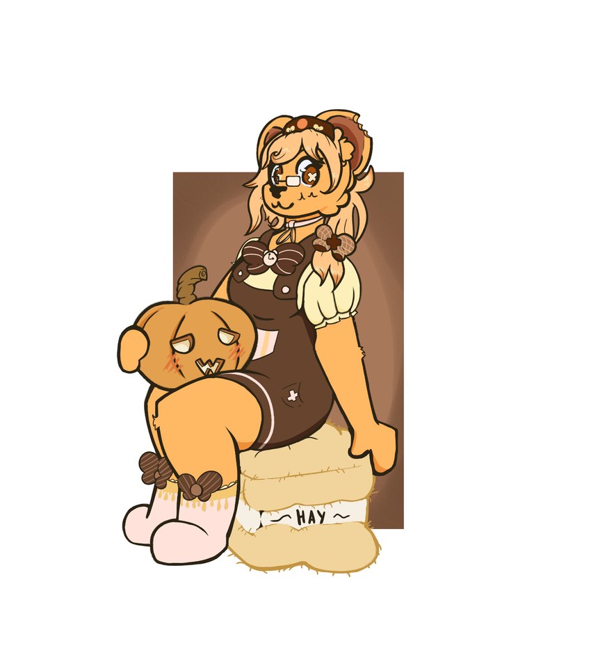 alternative_fashion anthro bottomwear bow_tie clothing crown female fluffy food fruit glistening glistening_eyes hair headgear j-fashion legwear messy_hair ouji_(fashion) overalls owo plant pumpkin pupils sitting skirt solo thigh_highs tiara whammy.draws bear mammal hi_res