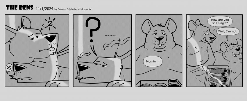 anthro belly dialogue duo eyes_closed food male male/male moobs navel nipples overweight overweight_male question_mark sleeping text barnem mammal murid murine rat rodent 2024 comic english_text hi_res monochrome