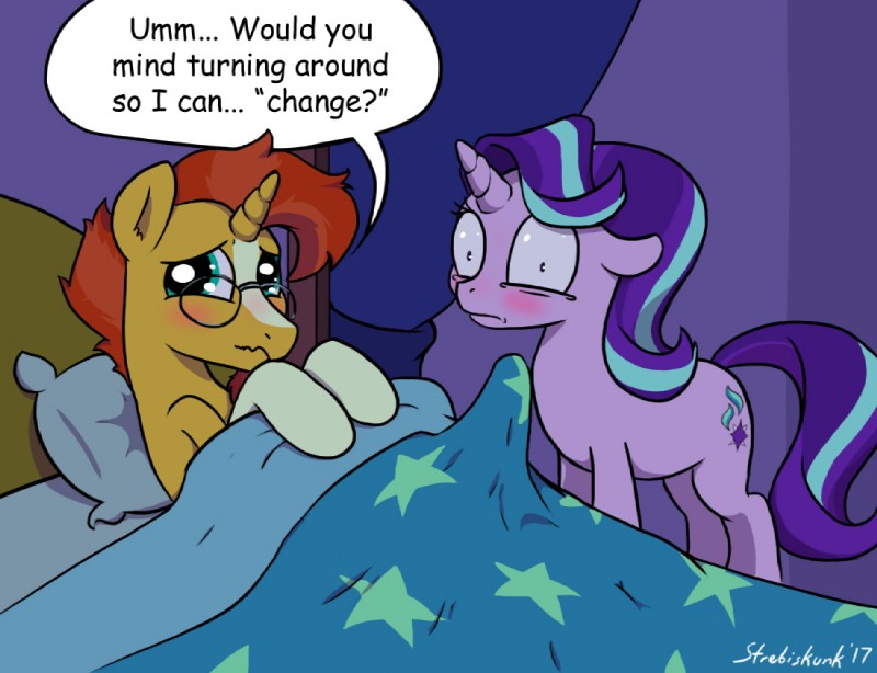 bed blush bulge covering detailed_bulge dialogue duo erection eyewear female furniture genital_outline glasses horn male morning_wood penis_outline text strebiskunk friendship_is_magic hasbro my_little_pony mythology starlight_glimmer_(mlp) sunburst_(mlp) equid equine horse mammal mythological_creature mythological_equine pony unicorn 2017 english_text