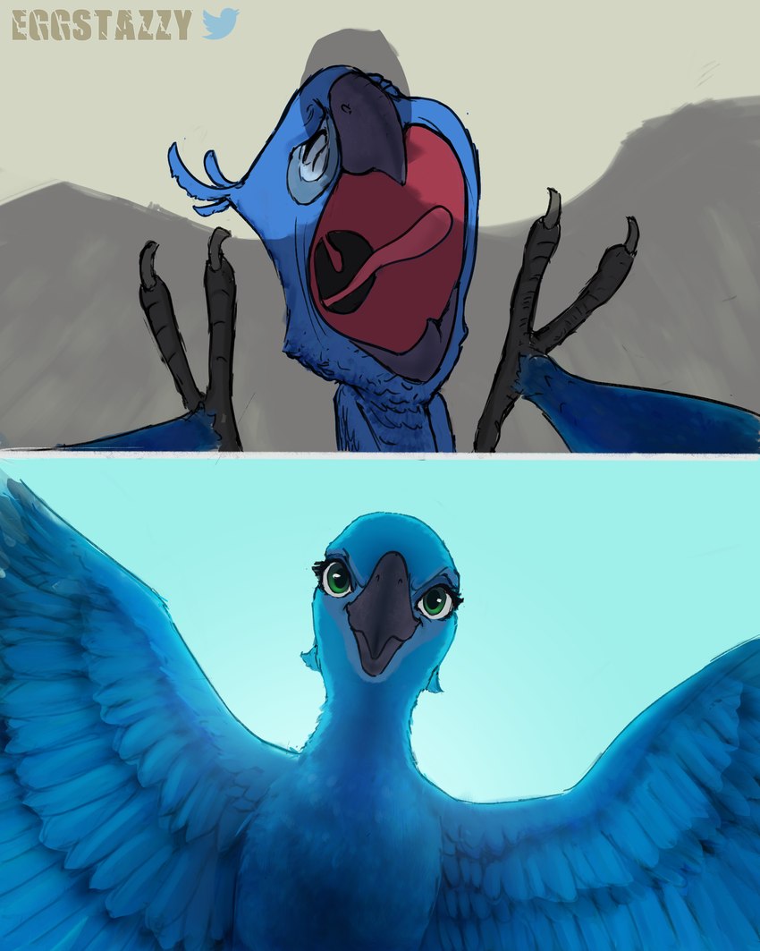 duo female feral male male/female eggstazzy blue_sky_studios rio_(series) blu_(rio) jewel_(rio) avian bird macaw neotropical_parrot parrot true_parrot 4:5 absurd_res hi_res meme