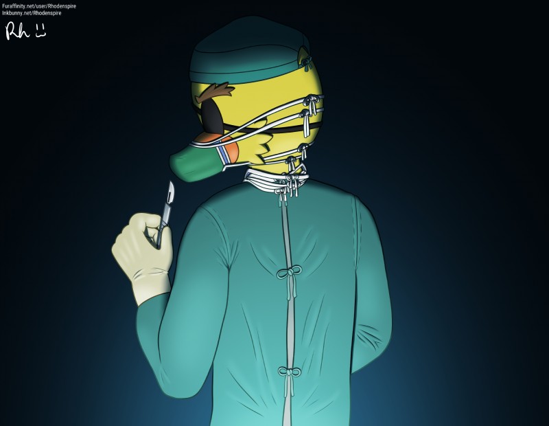 anthro beak clothed clothing doctor eye_patch eyewear gloves handwear hospital male mask medical medical_instrument scalpel scientific_instrument scrubs simple_background solo standing surgeon surgical_instrument surgical_mask surgical_operation text uniform rhodenspire sega sonic_the_hedgehog_(series) horatio_quack anatid anseriform avian bird duck 2017 digital_media_(artwork) hi_res url